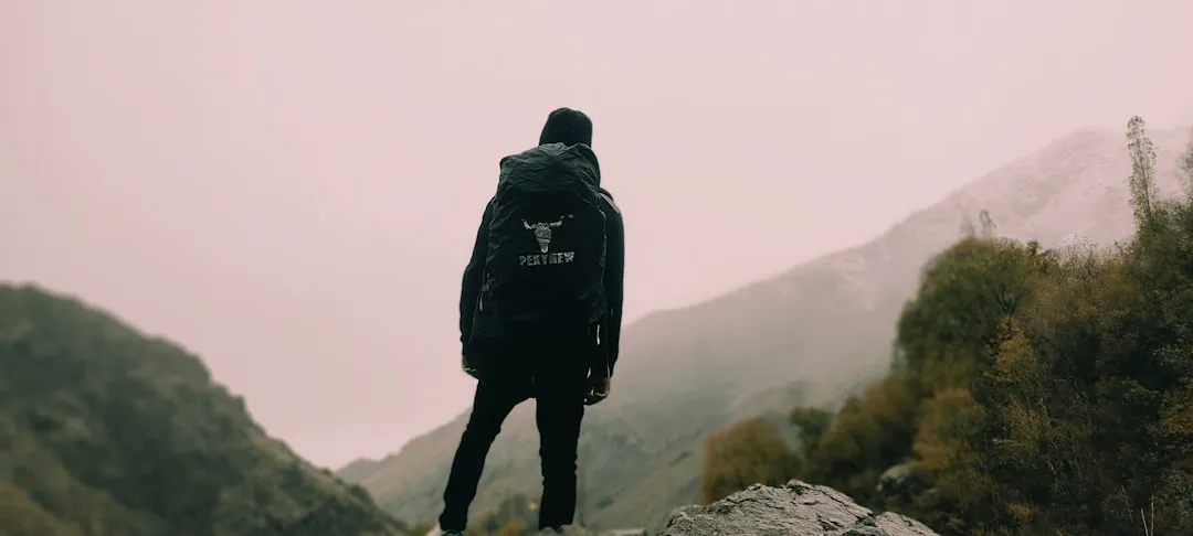 a man standing on top of a rock in the mountains