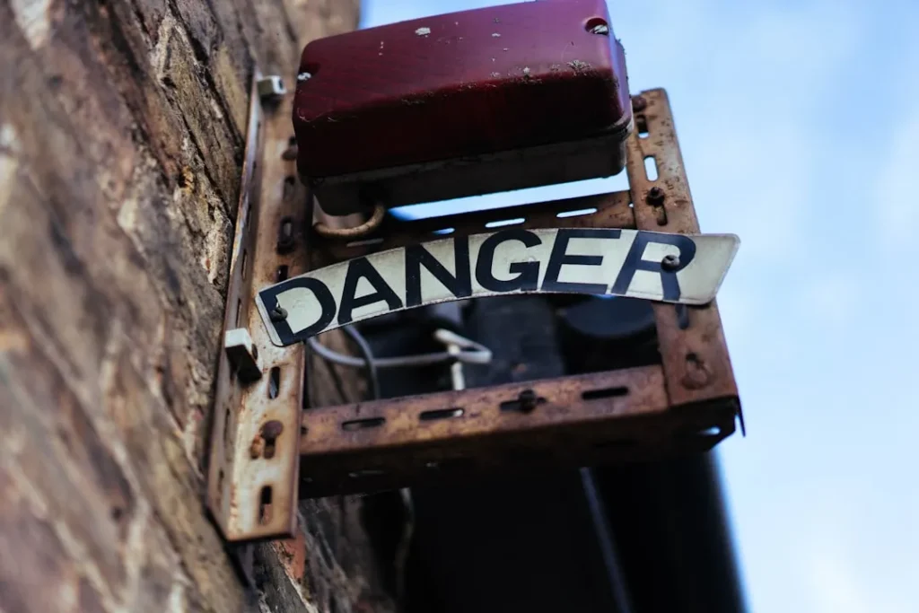 Rusty metal sign with the word danger.
