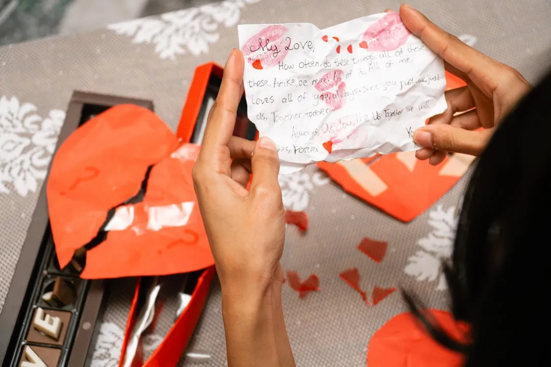 Hands holding a torn love letter near broken heart