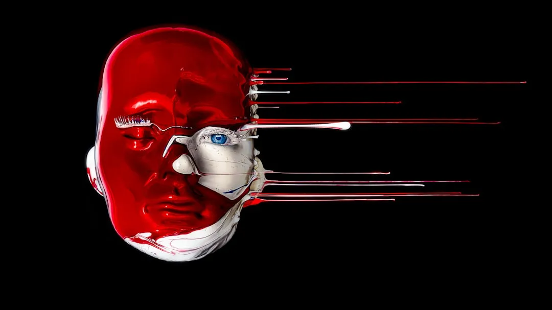 a close up of a person's face with red lines coming out of it