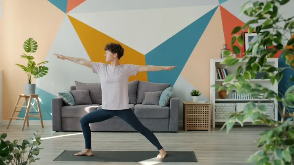 Woman practicing warrior two pose in a living room.