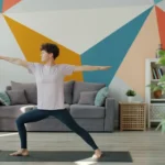 Woman practicing warrior two pose in a living room.