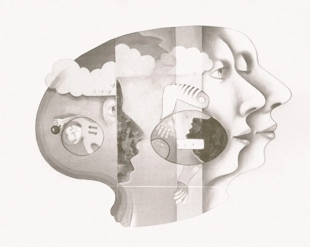 Surreal profile of faces and abstract elements.