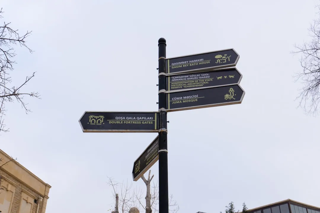 Signpost points toward destinations with illustrations.