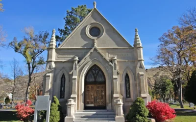 Gothic mausoleum with ornate doors and windows