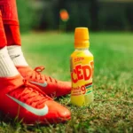 Red soccer cleats and a drink on grass.