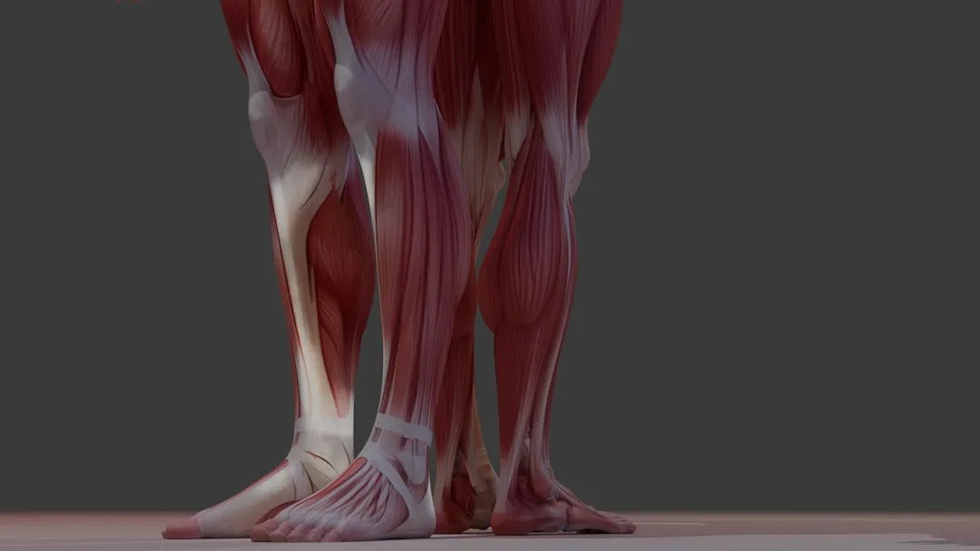 Detailed anatomical view of human leg muscles and bones.